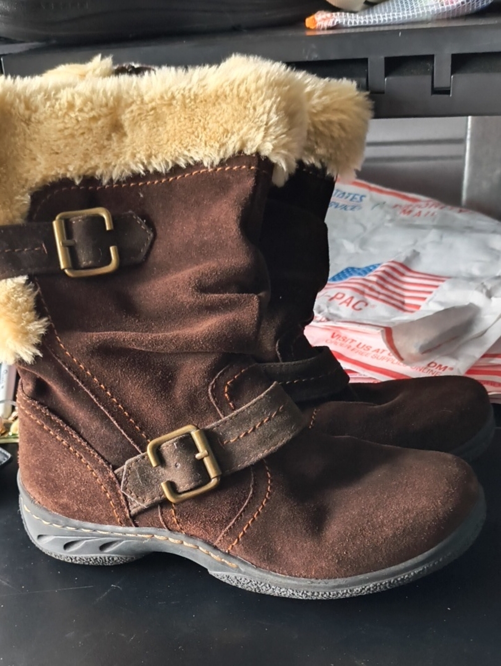 Earth Spirit Brown Suede Faux Fur Ankle Boots Women's Size 7 R8